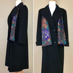 Vintage 80s Alorna Black & Floral Wool Trench Coat